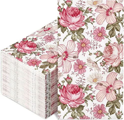 80 servilletas de papel desechables florales vintage de color rosa, bohemio, floral, estilo retro, para cena, suministros de fiesta, decoración de