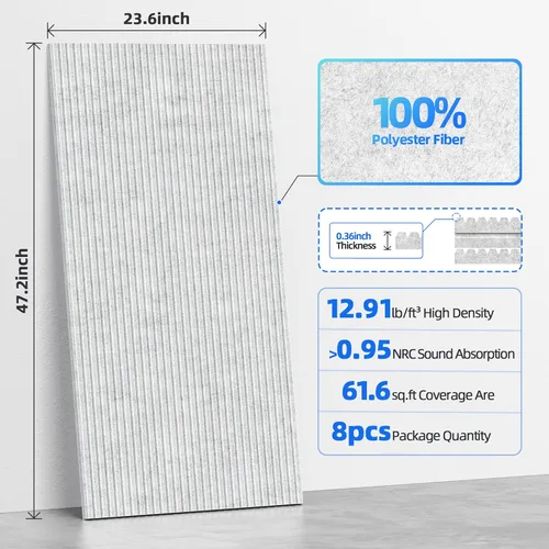 Miniatura 6 de Paquete de 8 paneles acústicos grandes que absorben el sonido con autoadhesivo, 47.2 x 23.6 x 0.36 pulgadas, paneles de espuma a prueba de sonido