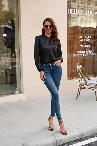 Miniatura 7 de GRACE KARIN Camisas de manga larga para mujer, cuello alto, blusa casual de satén para negocios, oficina, trabajo