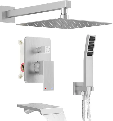 Miniatura 10 de Sistema de ducha con caño de bañera, juego de grifo de ducha de bañera completamente de metal con cabezales de ducha de lluvia de 10 pulgadas