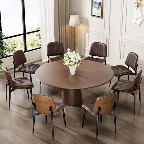 Miniatura 16 de REONEY - Juego de 4 sillas de comedor, modernas de mediados de siglo, tapizadas en piel sintética PU con respaldo de madera curvada de nogal y patas