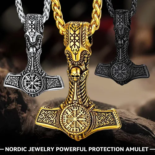 Miniatura 9 de FaithHeart Collar de martillo de Thor vikingo, acero inoxidable, plata de ley, amuleto Vegvisir Mjolnir con cadena de trigo resistente, Acero