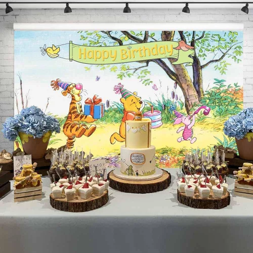 Miniatura 2 de Fondo de acuarela Pooh Bear para primer cumpleaños, fondo de árbol de primavera de Winnie y amigos, decoración de segundo cumpleaños para niños
