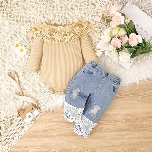 Miniatura 38 de Conjunto de ropa de bebé niña para bebé, mameluco de encaje blanco de manga larga + pantalones de mezclilla