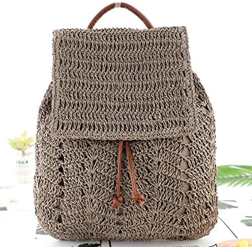 Miniatura 3 de Mochila tejida hecha a mano de paja mediana para mujer, con solapa, con cordón, bolsa de playa, Gris, Mochilas Daypack