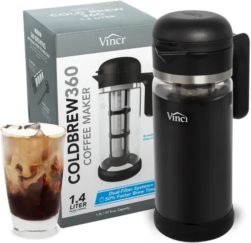 Miniatura 9 de VINCI Cold Brew 360, Cafetera de Vidrio para Cold Brew con Tecnología de Preparación de Doble Filtro 360 Patentada, Cold Brew para Café Helado
