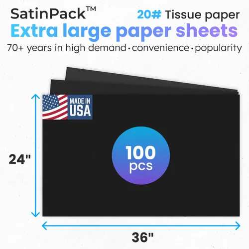 Miniatura 2 de IDL Packaging SatinPack - Hojas de papel de seda negro de 24 x 36 pulgadas, paquete de 100, duraderas 20# (33 GSM), hechas en Estados Unidos, hojas