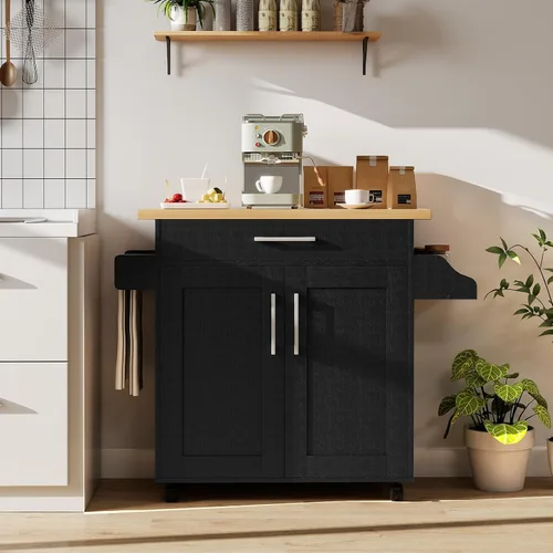 Miniatura 4 de LOKO Carrito de isla de cocina con ruedas, armario de almacenamiento de cocina con cajón, toallero, estante para especias y estante ajustable