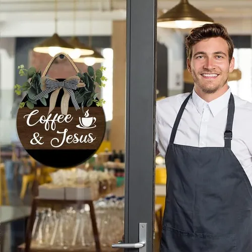 Miniatura 4 de Cartel de café y Jesús de madera rústica para cafetería, decoración de pared, decoración de pared, letrero colgante de madera para el hogar, Madera-1