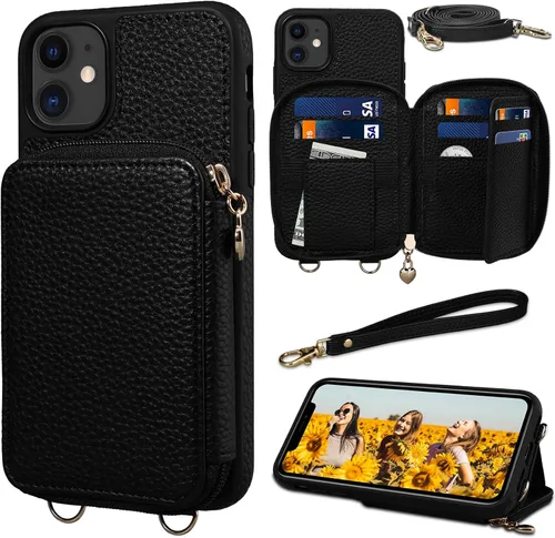 Miniatura 10 de Funda para iPhone 13 Pro Max de 6.7 pulgadas, bolso cruzado con cremallera con bloqueo RFID, soporte de 10 ranuras para tarjetas, cordón desmontable