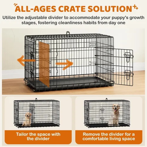Miniatura 4 de Yaheetech Jaula para perros de doble puerta de 42 pulgadas con divisor para cachorros a adultos, caja de metal plegable XL con bandeja extraíble