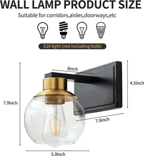 Miniatura 2 de Juego de 2 apliques de baño, apliques de pared negros y dorados juego de dos, luz de tocador de baño con pantalla de vidrio transparente, luminarias