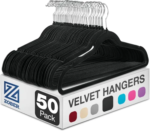Zober - Paquete de 50 perchas de terciopelo negro para abrigos, pantalones y ropa de vestir; perchas de fieltro fuertes y antideslizantes con giro