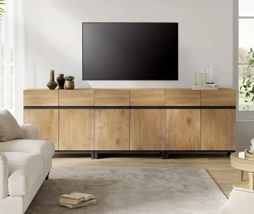 Miniatura 24 de Wampat Moderno soporte de TV para televisores de 100 pulgadas, consola central de entretenimiento 3 en 1 con estantes ajustables y base de metal
