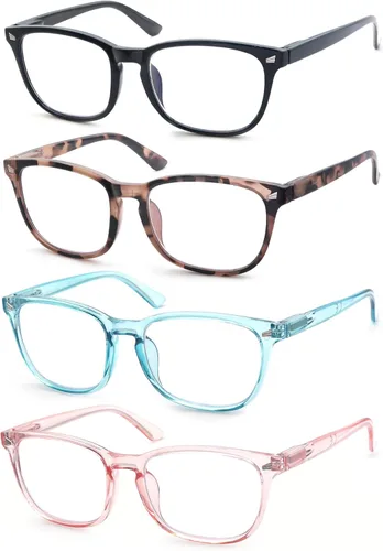 Lentes de lectura para mujer + 2.00 con bloqueo de luz azul, lentes cuadrados para tramposos, paquete de 4 lentes transparentes, antirreflejos,