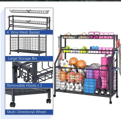 Miniatura 7 de Estante de almacenamiento de bolas, carrito organizador de equipo deportivo grande para garaje, gimnasio en casa, almacenamiento de equipo deportivo