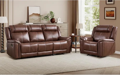 Miniatura 15 de EBELLO Sofá reclinable de cuero sintético de 3 plazas, sofá reclinable manual, silla de 3 asientos de estilo moderno de mediados de siglo con Marrón
