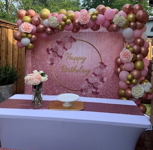 Miniatura 3 de Fondo de cumpleaños rosa dorado con purpurina y flores de rosa, 7 x 5 pies, para niñas, dulces 16, 21, 30 años, decoración de pastel de fiesta, mesa
