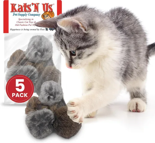 Kats'N Us Juguetes para gatos de piel de conejo real de 2 pulgadas, paquete de 5 bolas peludas grises suaves, juego interactivo natural similar a