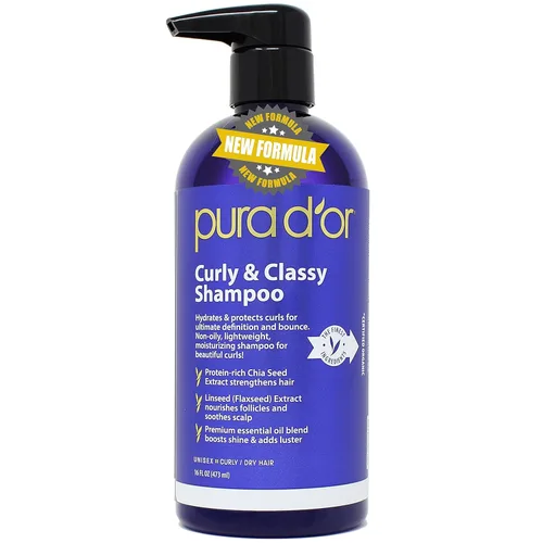PURA D'OR Curly & Classy Shampoo (16 onzas) con aceite de argán, aceite de ricino, aceite de geranio y bergamota, fórmula nutritiva e hidratante