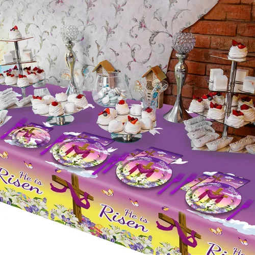 Miniatura 6 de 98 Piezas Decoraciones de Fiesta de Pascua He is Risen Juego de Vajilla de Pascua He is Risen Platos Religiosos Servilletas Mantel Kit