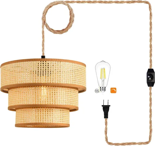 XININSUN Lámpara Colgante Enchufable Luces Colgantes con Cable de Enchufe de 15 Pies Lámpara Colgante de Ratán Regulable Pantalla de Tambor Tejida