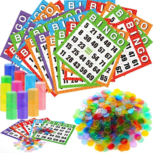 Eersida Paquete de 1100 tarjetas de juego de bingo jumbo con fichas de bingo para personas mayores, 1000 fichas de puntuación transparentes, 8 x 9
