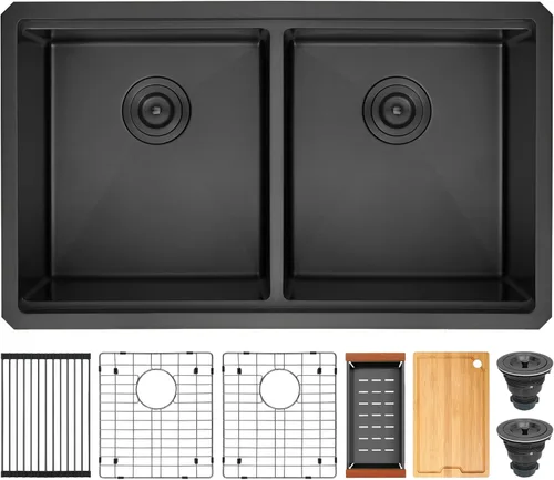 Miniatura 32 de LQS Fregadero de cocina dorado de 32 x 18 pulgadas, fregaderos de cocina empotrados, fregaderos de acero inoxidable de doble tazón 50/50