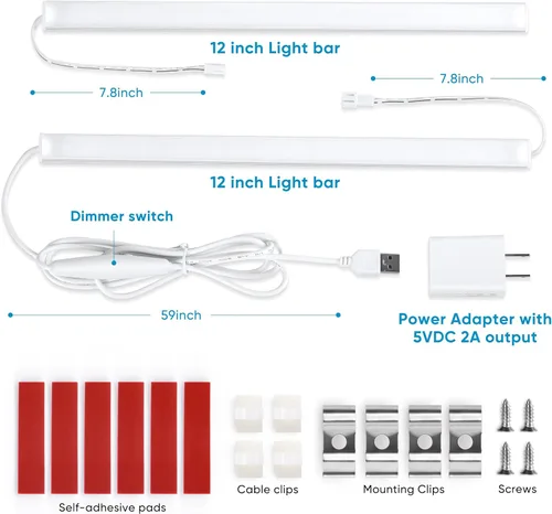 Miniatura 3 de Litever Kit de luz LED con enchufe para debajo del gabinete con adaptador de corriente, regulador, 2 barras de luz LED USB de 12 pulgadas. Regulable