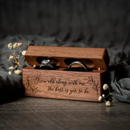 Miniatura 5 de MUUJEE Caja de doble anillo Caja de madera delgada grabada para boda, ceremonia de compromiso, propuesta de anillo caja para 2 anillos, ideas