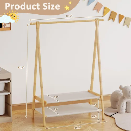 Miniatura 2 de Perchero de ropa para niños con 2 estantes de tela, soporte plegable para ropa infantil con barra para colgar, organizador de disfraces pequeño