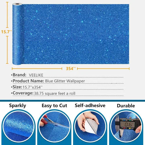 Miniatura 9 de VEELIKE Papel tapiz con purpurina azul para pegar y despegar, papel de contacto con purpurina para armarios, cajones, decoración de pared, 15.7 x