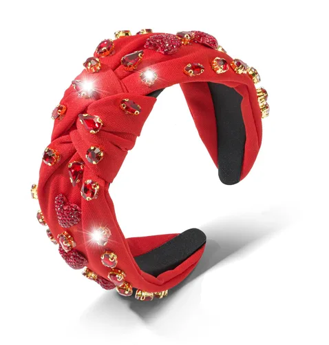 Diadema roja adornada de corazón para el día de San Valentín, diadema anudada con dije de corazón de cristal brillante, antideslizante, nudo