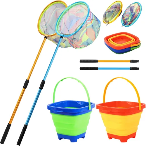 Miniatura 8 de Red de pesca para niños, paquete de 2 redes telescópicas de aterrizaje con mango de poste de aluminio, cubo de arena plegable, red de mariposa, red