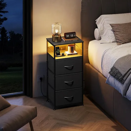 Miniatura 4 de WLIVE Mesita de noche con estación de carga, mesita de noche de 31.9" de altura con 3 cajones de tela, mesa de noche con LED con puertos USB