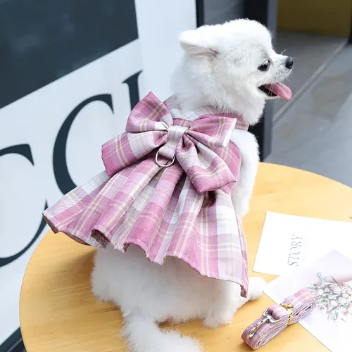 Miniatura 3 de PETCARE Vestido de perro a cuadros con pajarita y arnés para perros pequeños, gatos, niñas, lindos vestidos de princesa para perro, primavera, Rosa
