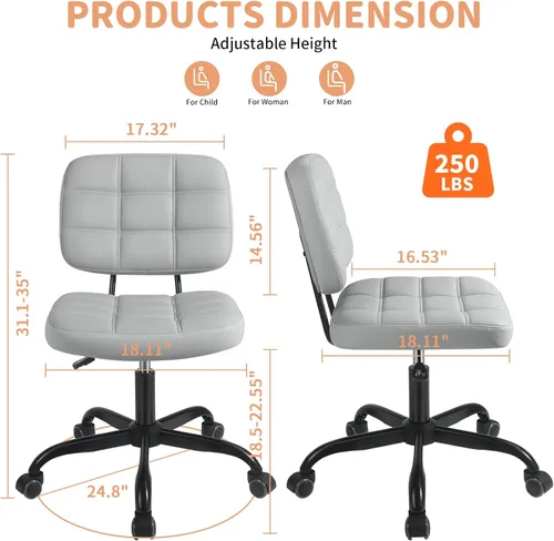 Miniatura 2 de Silla de escritorio de oficina en casa sin brazos – Pequeñas sillas giratorias de escritorio de oficina con ruedas – Silla de computadora ajustable