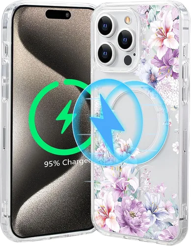 Miniatura 58 de Funda magnética de flores para iPhone 15 [compatible con MagSafe] Bonito patrón floral transparente a prueba de golpes