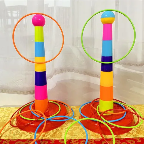 Miniatura 7 de Colorido juego de lanzamiento de anillos deportivos de plástico para niños, 2 columnas coloridas+48 anillos+12 bolsas de frijoles, juguetes