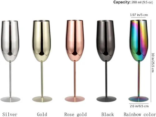 Miniatura 3 de Copas de champán de acero inoxidable, juego de 4 copas de vino irrompibles de 9.5 onzas, copas elegantes de tallo para tostadas a mano, para bodas