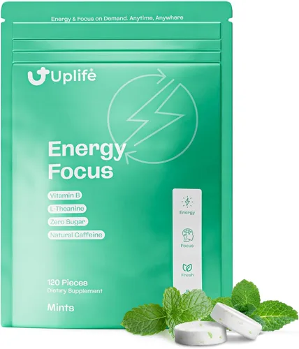 UPLIFE Focus and Energy Mints - 120 unidades – Hecho en Estados Unidos – Goma de mascar de cafeína natural nootrópica de acción rápida de 40 mg con