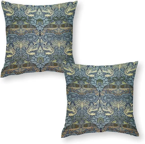 William Morris Fundas de cojín decorativas de arte vintage, juego de 2, estampado vintage de flores, pavo real y dragón, para sofá, sala de estar,