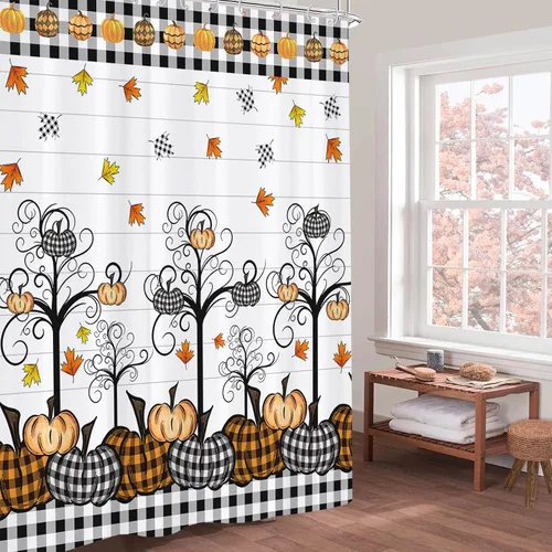 Miniatura 5 de GOOESING Cortinas de ducha de calabaza a cuadros otoñales, calabazas de otoño, hojas de arce, cortina de baño impermeable para baño, juego