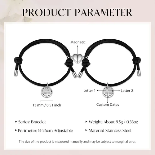 Miniatura 2 de 2 pulseras a juego para parejas, pulseras de corazón de acero inoxidable, pulseras personalizadas para el día de San Valentín, cumpleaños, Navidad