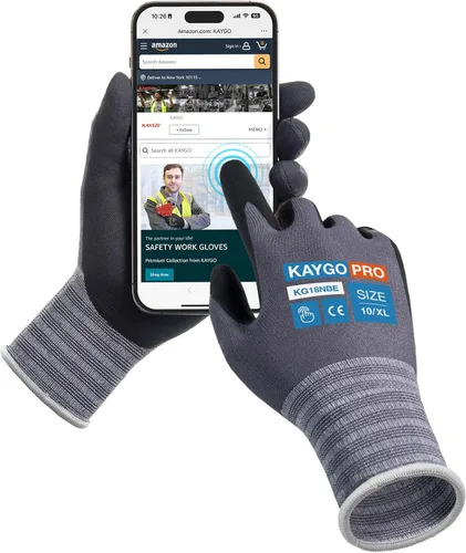KAYGO Guantes de trabajo de seguridad con revestimiento de nitrilo de microespuma, 3 pares KG18NB, guantes de nailon de punto sin costuras con dedos