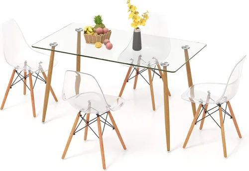 Miniatura 7 de Tangkula Juego de 4 mesas de comedor para 4, mesa y sillas de cocina modernas, mesa y sillas de cristal para sala de estar pequeña, cocina