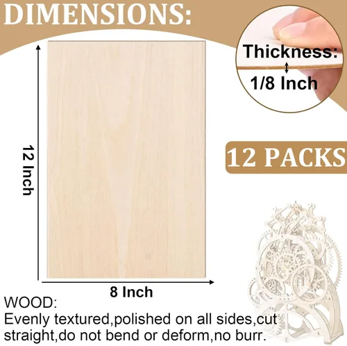 Miniatura 2 de Paquete de 12 hojas de tilo de 12 x 8 x 1/8 pulgadas, madera de tilo de 0.118 in para corte láser, hojas finas de madera contrachapada sin terminar