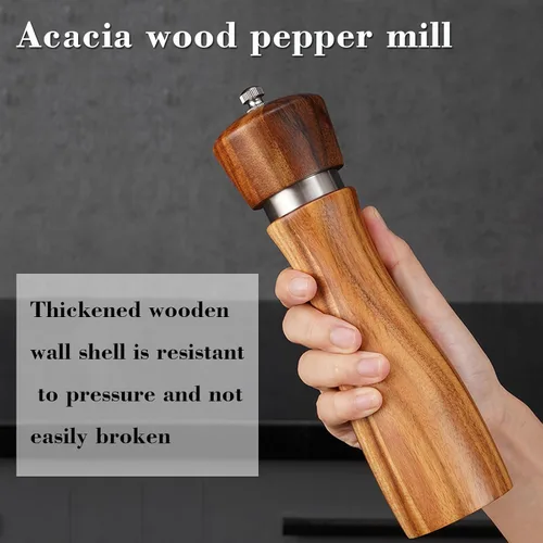 Miniatura 5 de Rectificadora de sal y pimienta de madera de acacia, molienda de cerámica duradera, máquina de pulir manual de anillo de acero con grosor ajustable