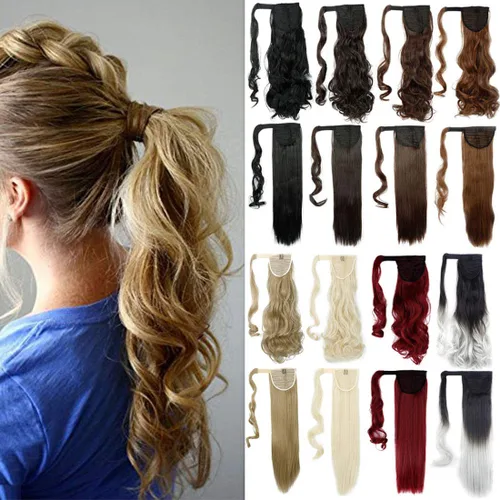 Miniatura 10 de Lelinta Extensión de cola de caballo rizada ondulada de 18 pulgadas para mujer, extensión de pelo sintético rubio ceniza mezcla Giner