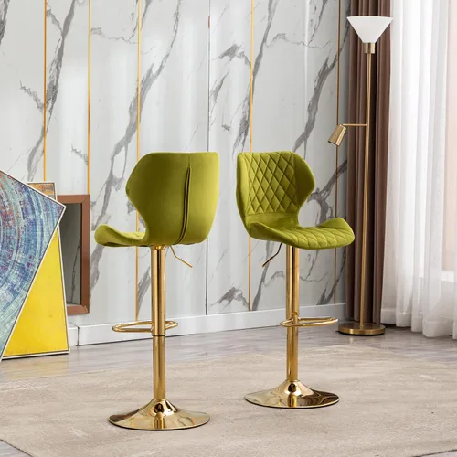Miniatura 8 de Juego de 2 taburetes de bar de terciopelo ajustables verdes con patas doradas, modernas sillas de bar giratorias para isla de cocina, comedor, bar
